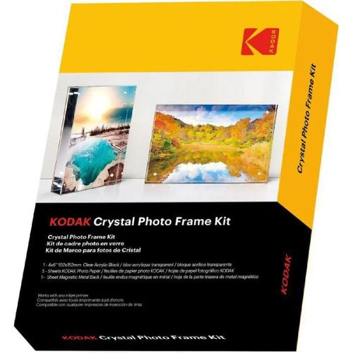 KODAK - Cadre transparent. Format A6 (10x15cm) avec 5 feuilles de papiers photos et une feuille magnétique. Impression Jet d'encre