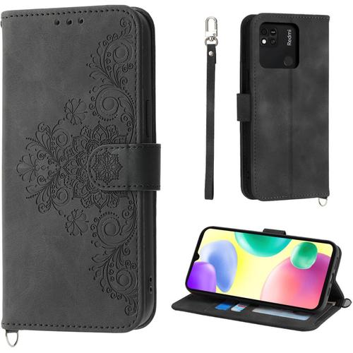 Fleur Coque Redmi 10a / 9c 2020/2021 6.53"", Étui De Protection En Cuir Pu De Style Vintage Pour Xiaomi Redmi 9c/10a 2020 6.53"", Noir