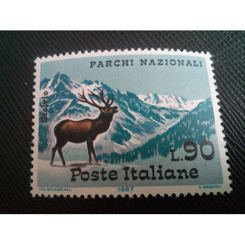 Timbre Italie Yt 966 Cerf Élaphe (Cervus Elaphus) Et Monts De L'ortler Dans Le Parc National 1967 ( 10805 1)