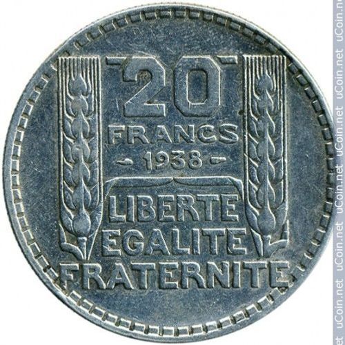France = Pièce De Monnaie . Valeur Faciale : 20 Francs. Année : 1938. Métal : Argent. Diamètre = 35 Mm. Poids = 20 Gr