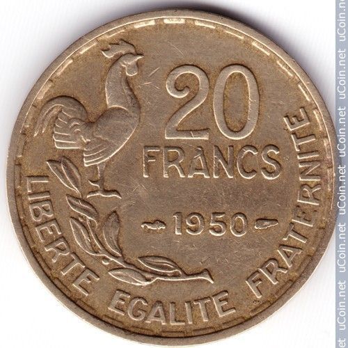 France = Pièce De Monnaie Valeur Faciale : 20 Francs. Année : 1950 ( Variété 4 Faucilles Ou Plumes Et Signature Sur 1 Ligne) . Métal : Bronze-Alu. Diamètre = 23 Mm. Poids : 4 Grammes.E