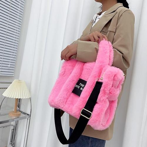 2022 Designer Faux Fur Tote Bag For Women Luxury Handbags Autumn Winter Plush Shoulder Crossbody Bags Shopper Purses - Couleur rose