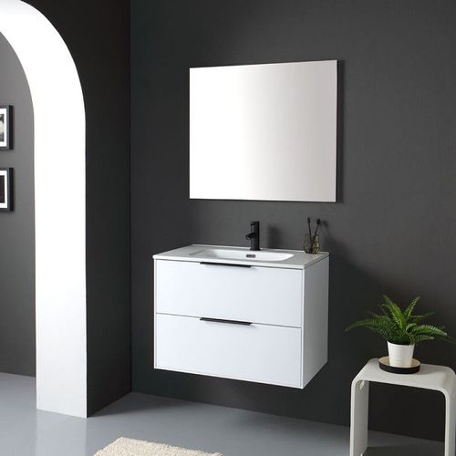 Meuble Laqué Blanc Pour Salle De Bain 75cm Avec Miroir Sans Corniche Parigi