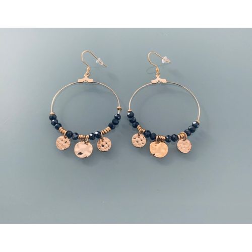 Créoles Dorées Dorées Avec Pampilles Et Perles Bleu Nuit, Bijou Pour Femme, Créoles Dorées, Bijou Doré, Bijoux Cadeaux, Cadeau Femme, Bijou Bohème