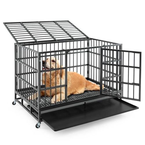 Costway Cage Pliable Pour Chien 120 Cm, Roulettes Et Portes Verrouillables, Plateau Amovible, Caisse Pour Chien Intérieur Extérieur