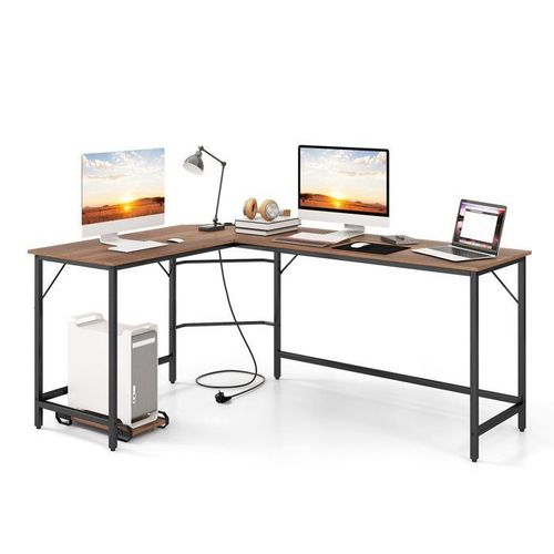 Costway Bureau D¿Angle De 168 X 125cm Avec Support Uc, 2 Prises Électriques Et Port Usb & Type C, Cadre En Métal Robuste, Naturel