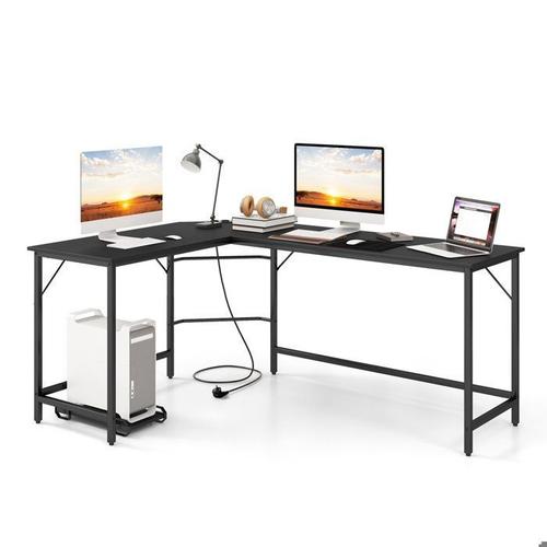 Costway Bureau D¿Angle De 168 X 125cm Avec Support Uc, 2 Prises Électriques Et Port Usb & Type C, Cadre En Métal Robuste, Noir