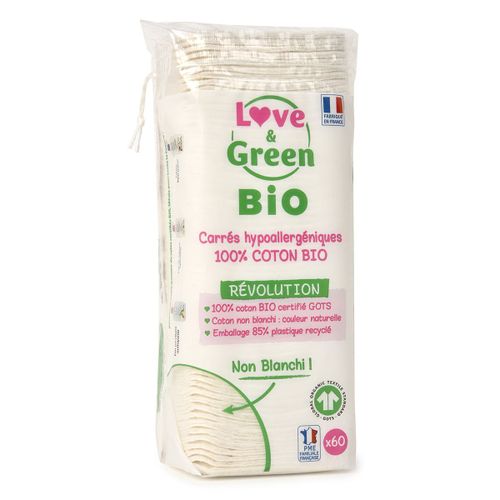 Love And Green ® 60 Carrés Hypoallergéniques - 7.5 X 7.5 Cm - 100% Coton Bio