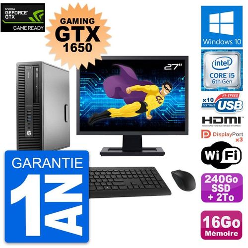 PC HP 800 G2 SFF Ecran 27" Gaming GTX 1650 i5-6500 RAM 16Go 240Go SSD + 2To W10
