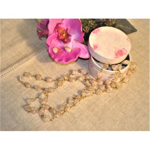 Parure Collier + Boucles D'oreille Quartz Rose Et Métal Doré