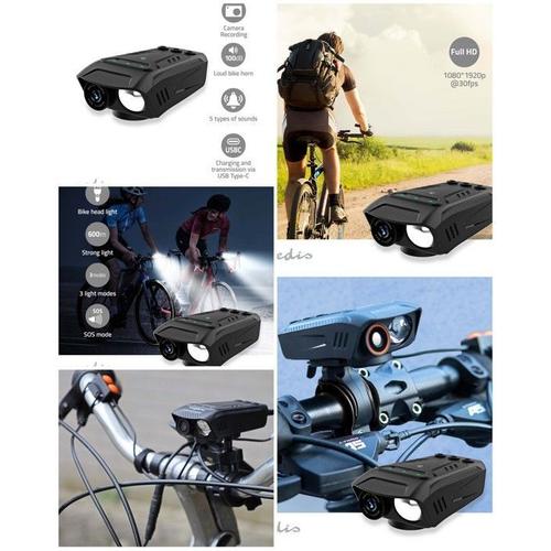 Caméra Cycliste Multifonctionnelle 3-En-1 1080p 30fps 2 Mpixel 600 Min 70 ° Support Guidon Inclus Noir + Lampe Led Caméra Pour Vélo