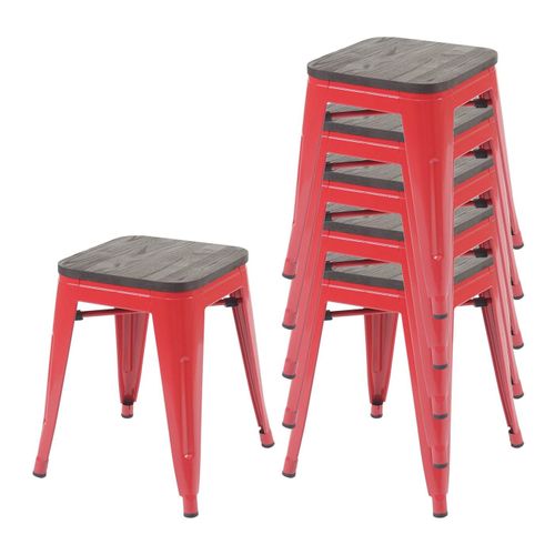 6x Tabouret Hwc-A73 Avec Assise En Bois, Métal Tabouret Siège, Métal Design Industriel Empilable   Rouge