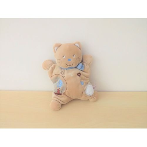 Doudou Chat Beige Oiseau Bleu Pommette