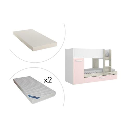 Lits Superposés Anthony Avec Rangements 3 X 90 X 190 Cm - Blanc, Chêne Et Rose + Matelas