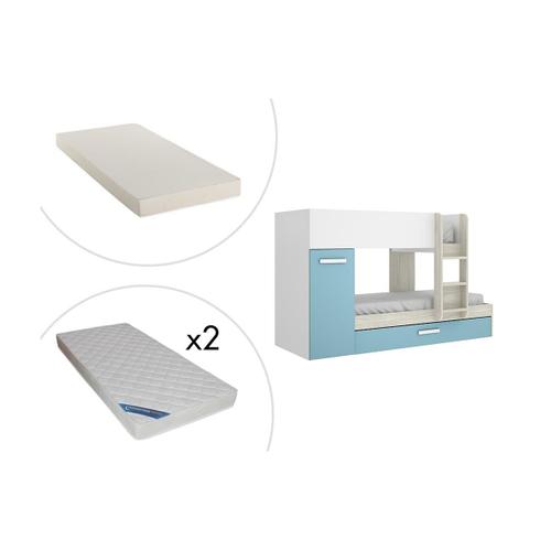 Lits Superposés Anthony Avec Rangements 3 X 90 X 190 Cm - Blanc Chêne Et Bleu + Matelas