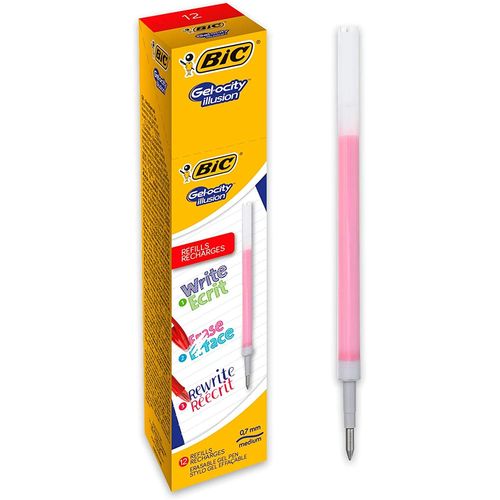 Bic Gel-Ocity Illusion Recharges Stylo Gel Effaçable Pointe Moyenne (0,7 Mm) - Rouge, Boîte De 12