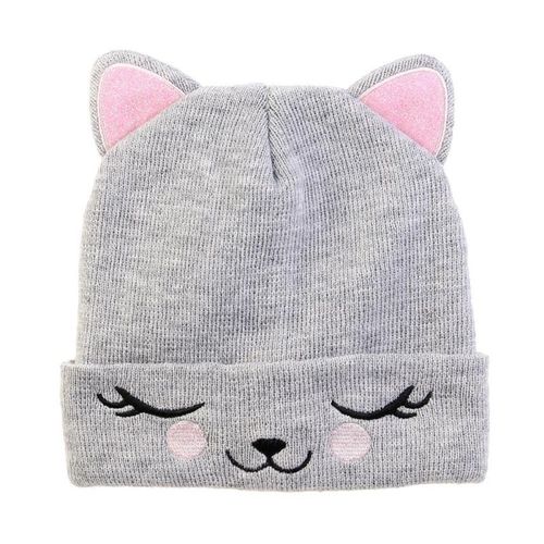 Bonnet Enfant "Chat" 21cm Gris & Rose