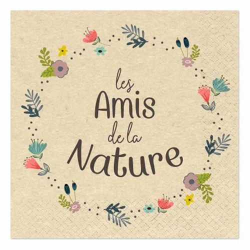 Lot De 20 Serviettes En Papier "Amis Nature" 33x33cm Naturel