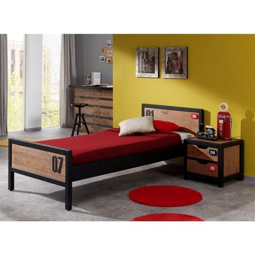 Pack - Lit Enfant, Sommier & Chevet "Alex" 90x200cm Marron & Noir