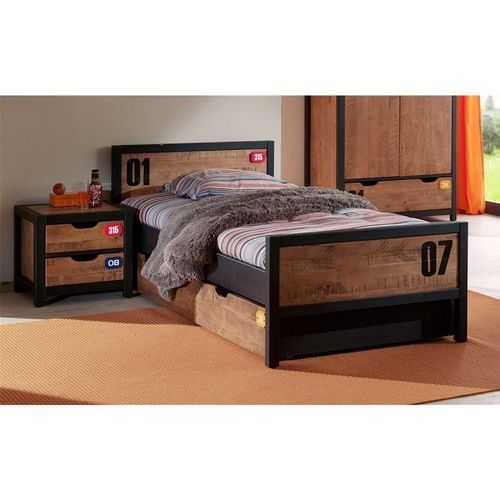 Pack - Lit Enfant, Sommier, Tiroir & Chevet "Alex" 90x200cm Marron & Noir