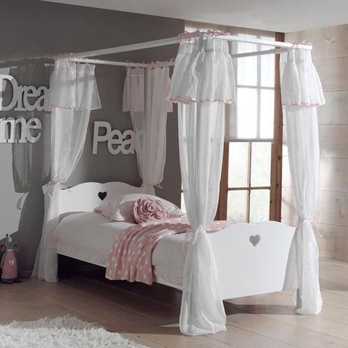 Pack - Lit À Baldaquin Enfant, Sommier & Voile "Amori" 90x200cm Blanc