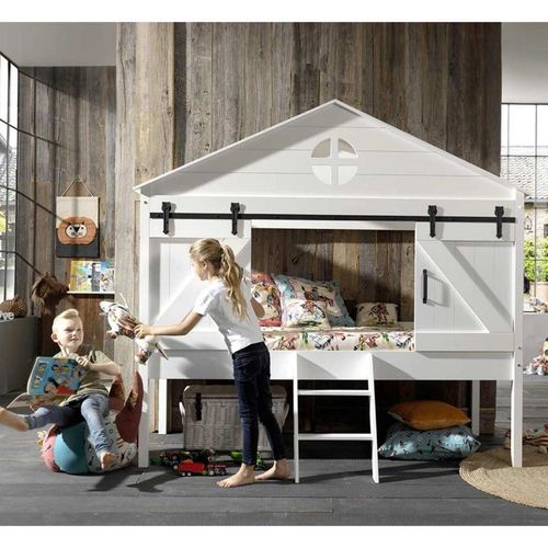 Pack - Lit Cabane Enfant & Sommier "Barnie" 90x200cm Blanc