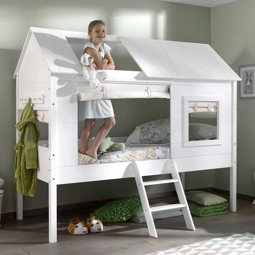 Pack - Lit Cabane Enfant, Sommier & 4 Rideaux "Charlotte" 90x200cm Blanc