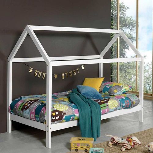 Pack - Lit Cabane Enfant & Matelas "Dallas" 90x200cm Blanc