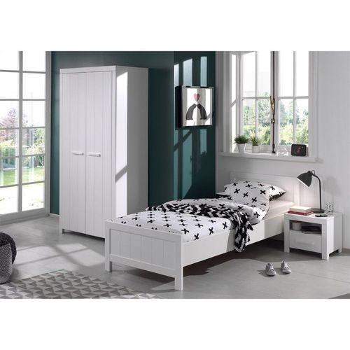 Pack - Lit Enfant, Sommier, Chevet & Armoire "Erik" 90x200cm Blanc
