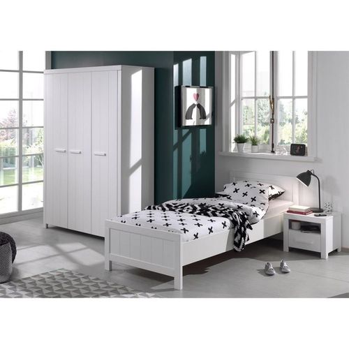 Pack - Lit Enfant, Sommier, Chevet & Armoire "Erik Ii" 90x200cm Blanc