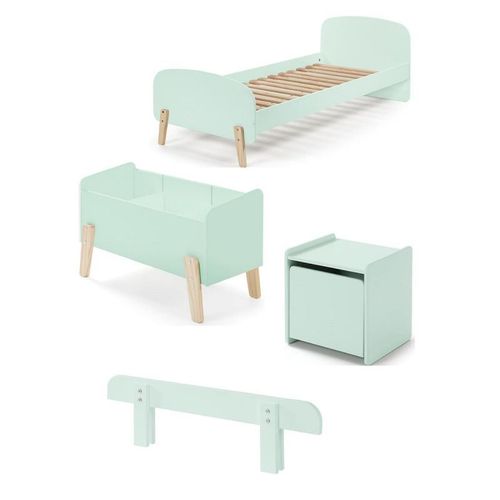 Pack - Lit Enfant, Chevet, Barrière & Coffre "Kiddy" 90x200cm Vert Menthe