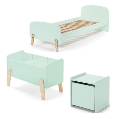 Pack - Lit Enfant, Chevet & Coffre "Kiddy" 90x200cm Vert Menthe