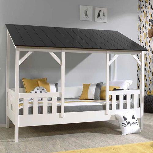 Pack - Lit Cabane Enfant & Sommier "Housebed Iii" 90x200cm Blanc & Noir