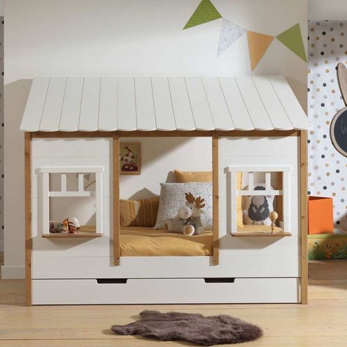 Pack - Lit Cabane Enfant & Tiroir "Housebed Iv" 90x200cm Blanc