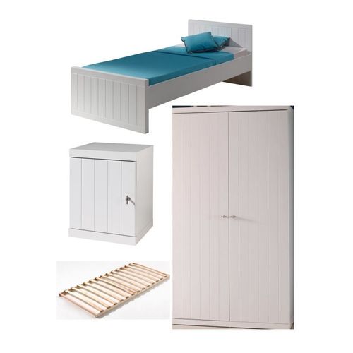Pack - Lit Enfant, Sommier, Chevet & Armoire "Robin" 90x200cm Blanc