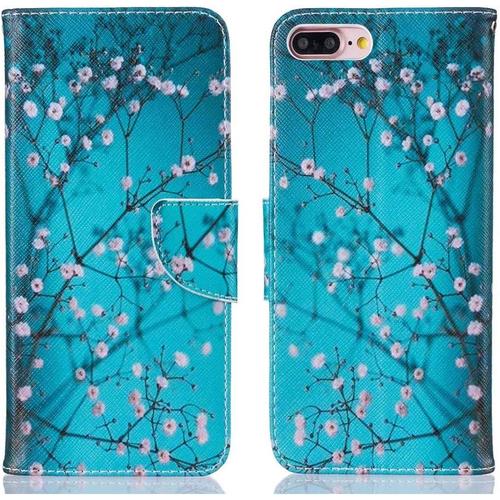 Portefeuille Femme Coque En Cuir De Protection Pour Iphone 7 Plus/8 Plus Bleu Avec Motif Fleur De Prunier Rose Élégant Folio Housse Rabat Magnétique À Clapet Porte Carte De Crédit Etui Bumper