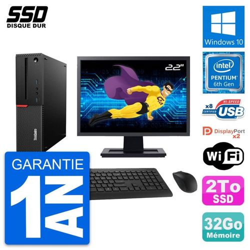 PC Lenovo M800 SFF Ecran 22" Intel G4400 RAM 32Go SSD 2To Windows 10 Wifi