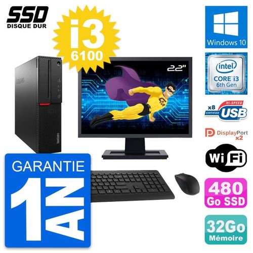 PC Lenovo M800 SFF Ecran 22" Intel i3-6100 RAM 32Go SSD 480Go Windows 10 Wifi