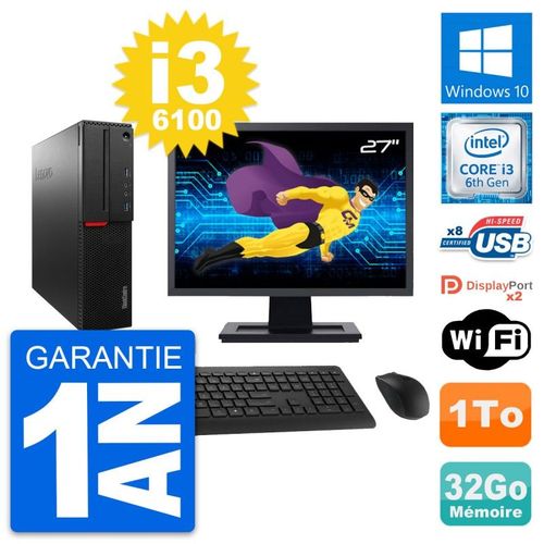 PC Lenovo M800 SFF Ecran 27" Intel i3-6100 RAM 32Go Disque 1To Windows 10 Wifi