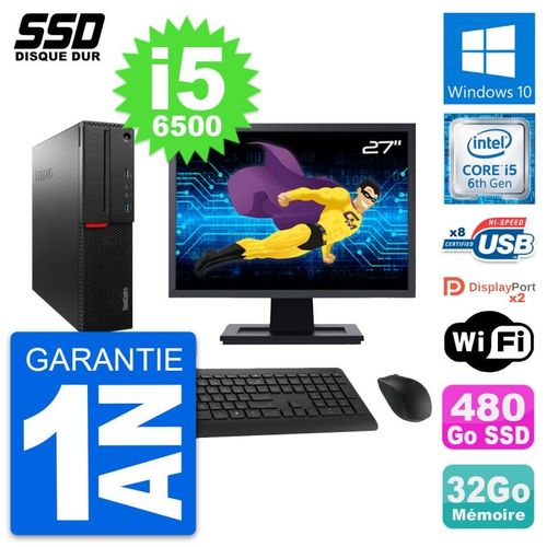 PC Lenovo M800 SFF Ecran 27" Intel i5-6500 RAM 32Go SSD 480Go Windows 10 Wifi