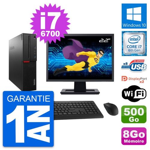 PC Lenovo M800 SFF Ecran 22" Intel i7-6700 RAM 8Go Disque 500Go Windows 10 Wifi