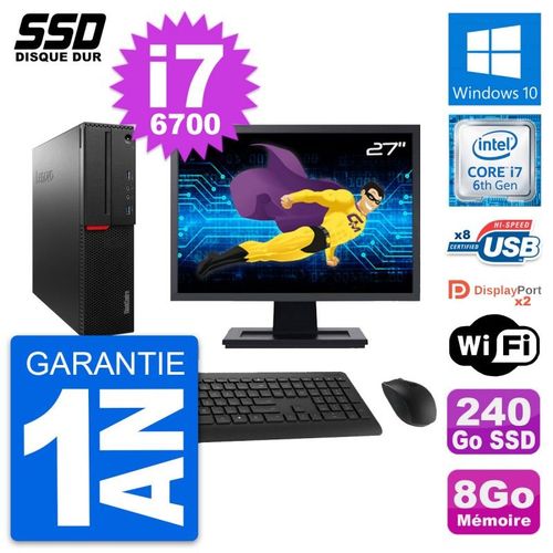 PC Lenovo M800 SFF Ecran 27" Intel i7-6700 RAM 8Go SSD 240Go Windows 10 Wifi