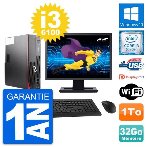 PC Fujitsu D556 DT Ecran 22" Intel i3-6100 RAM 32Go Disque 1To Windows 10 Wifi