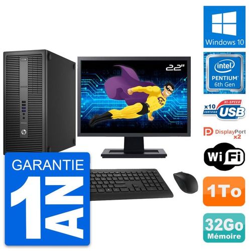 PC Tour HP 800 G2 Ecran 22" Intel G4400 RAM 32Go Disque Dur 1To Windows 10 Wifi