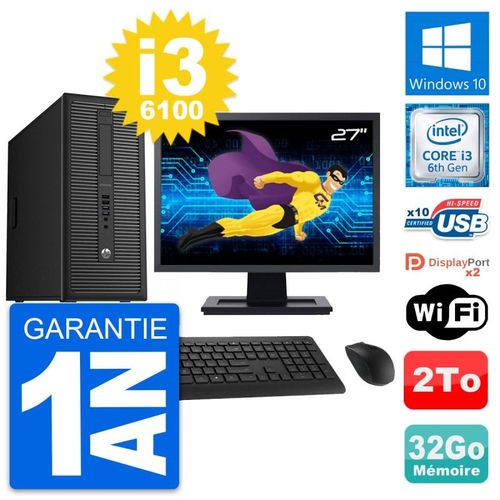 PC Tour HP 800 G2 Ecran 27" Intel i3-6100 RAM 32Go Disque Dur 2To Windows 10 Wifi