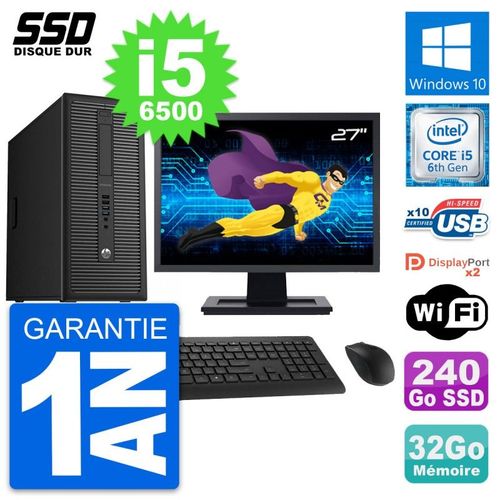 PC Tour HP EliteDesk 800 G2 Ecran 27" i5-6500 RAM 32Go SSD 240Go Windows 10 Wifi