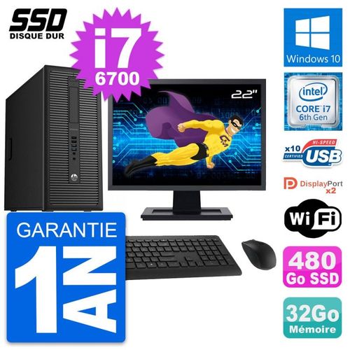 PC Tour HP EliteDesk 800 G2 Ecran 22" i7-6700 RAM 32Go SSD 480Go Windows 10 Wifi