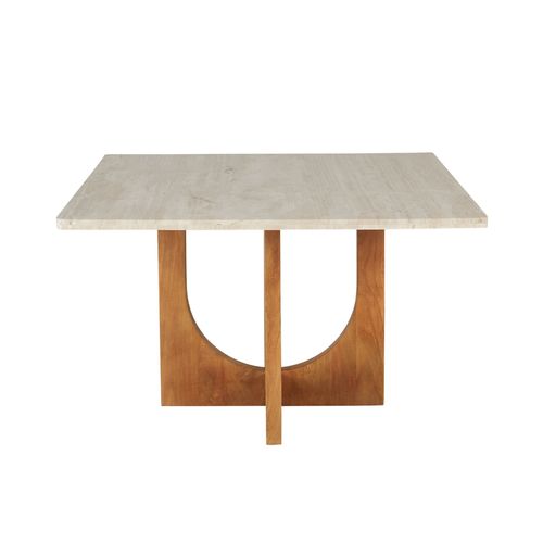 Table À Manger Carrée En Travertin Et Bois De Manguier Massif 6 Personnes L120