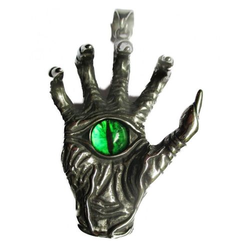 Gros Pendentif Main Et Oeil Vert Inox 6x4 Cm Bijoux Homme Femme Biker Rock Roll