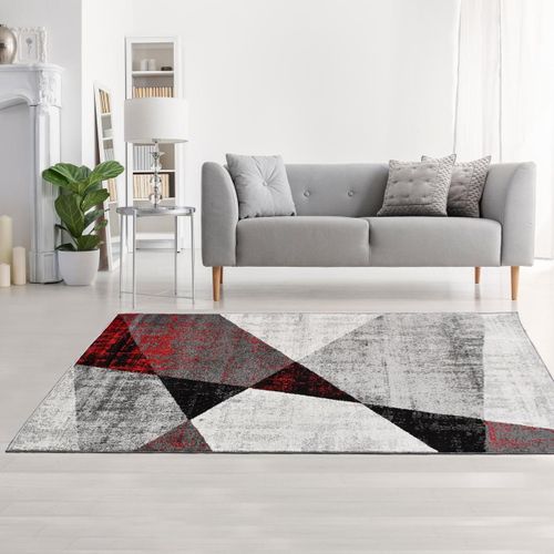 Tapis Salon 200x280 Tissé Gris Et Rouge Rectangle Motif Géométrique Rosaline